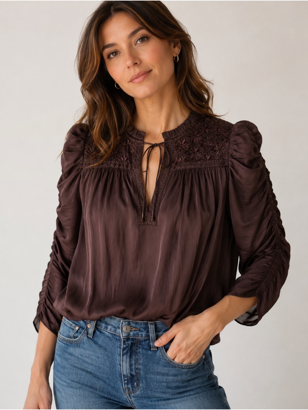 Ulla Johnson Lissa Chocolate Brown Embroidered Tie-Neck Blouse